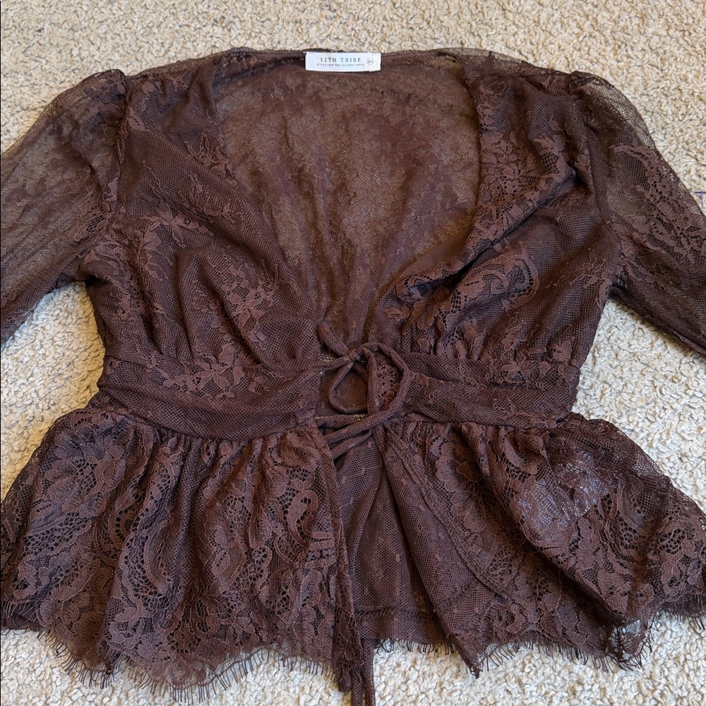 12th Tribe Sheer Lace Tie-Front Blouse in Dark Brown - Picture 3 of 10